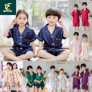 🆕Toddler ชุดนอนซาติน แขนสั้น กางเกงขาสั้น อายุ 3-11 ปี 7 สีส…