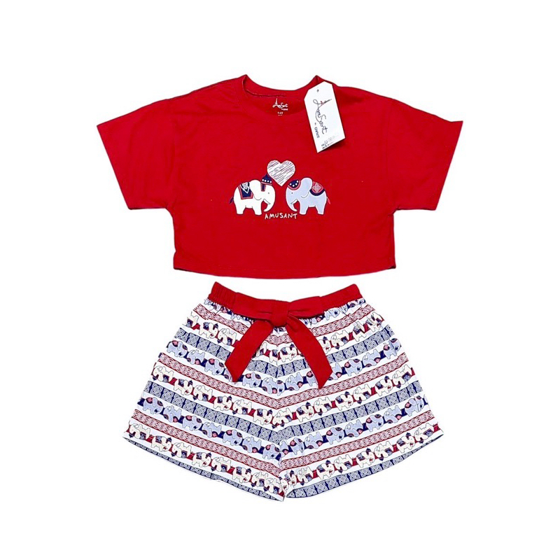 Enfant AmuSant New Collection ชุดเที่ยว เสื้อครอป กางเกงขาสั้น ลายช้าง งานใหม่ชนช็อป สำหรับเด็กอายุ 3ปี-5ปี