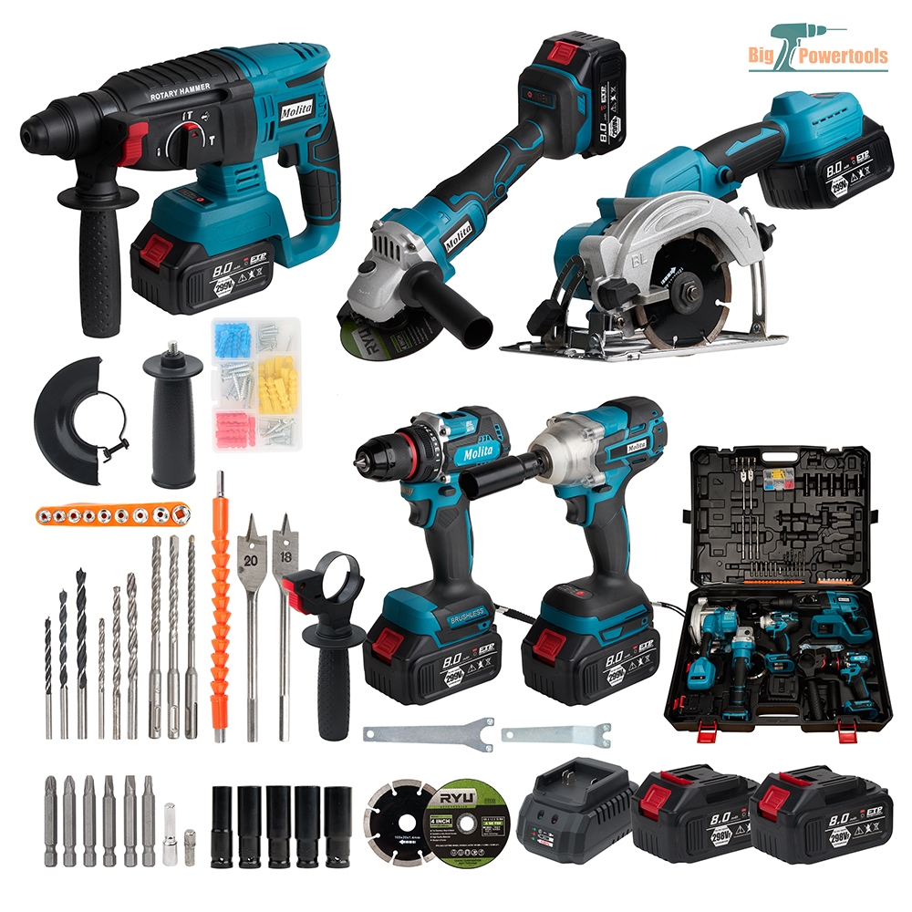 (แพ็ค5) MOLITA สว่านไร้สาย 299V +เครื่องเจียร์ไร้สาย + สว่านโรตารี่ไร้สาย+บล็อกแบตเตอรี่+ เลื่อยวงเดือนไร้สาย 50 ชิ้น