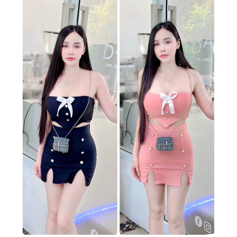 ชุดเซ็ท2ชิ้น ผ้ายืดสกินนี่ เกาะอกกระดุมมุกแต่งโบว์ มาพร้อมกระโปรงผ่าหน้า