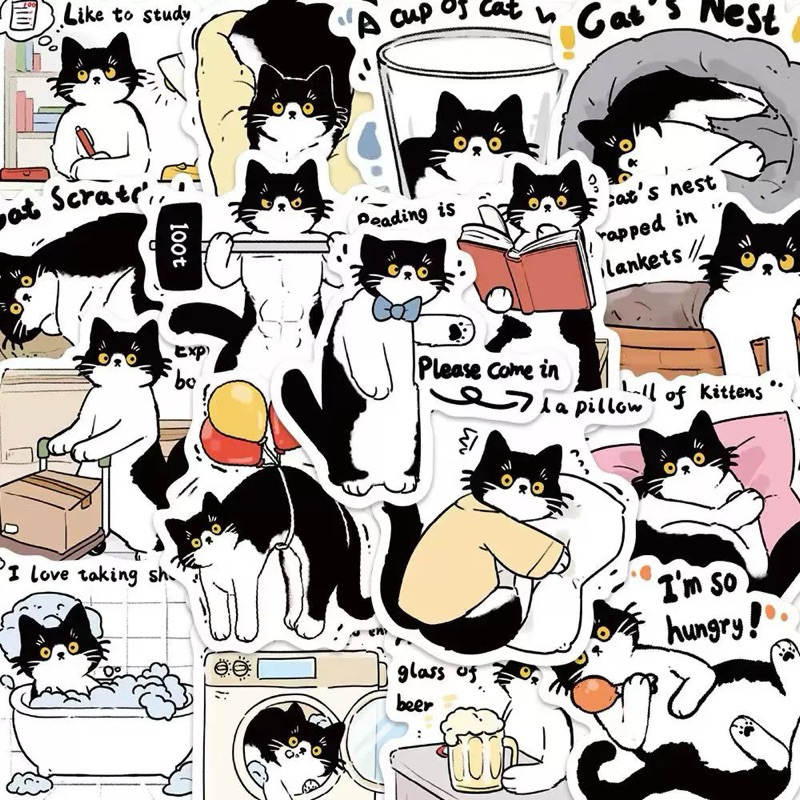พร้อมส่ง🍑( เซต 50 แผ่น ) Sticker สติกเกอร์ Black Cat แมวดำ น่ารัก ติดตกแต่งของต่างๆ โน๊ตบุ๊ค สมุด โปสการ์ด 52010