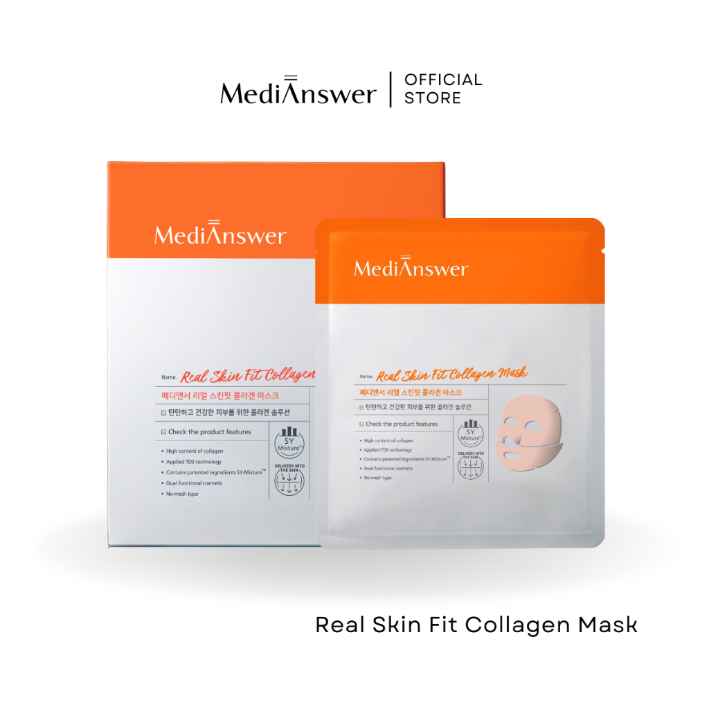 REAL SKIN FIT COLLAGEN MASK | MEDIANSWER มาสก์คอลลาเจน สูตรฟื้นฟูผิวอย่างล้ำลึก (SHEET/BOX)