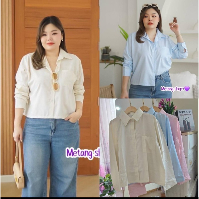 เสื้อเชิ้ตทำงานสาวอวบ เสื้อเชิ้ตลายริ้วครอปเบาๆ เสื้อเชิ้ตเบสิกแขนยาว ลายริ้ว สีพาสเทล กระดุมใช้งานได้จริง  plussize