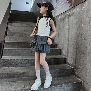 Babyonline(Y527)L2 (ส่งด่วน1วัน)กระโปรงกางเกงแฟชั่นจีบ2ชั้นพลีสแต่งลูกไม้สําหรับเด็กผู้หญิง มีซับใน