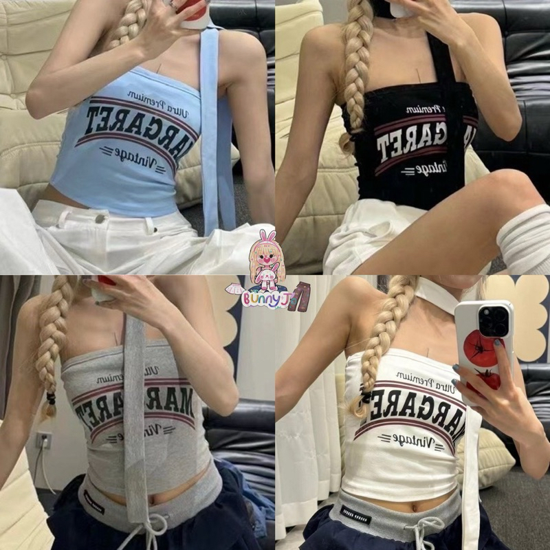 เสื้อครอป เกาะอก แนวเจอซี่ BunnyJ. ดีเทลลายตัวอักษร มีฟองน้ำในตัวบรา สไตล์สตรีท เวียดนาม พร้อมส่งในไทย น่ารัก