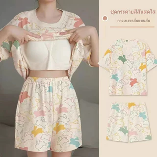 🌸พร้อ​มส่ง🌸ชุดนอน อก55 ชุดนอนผ้ายืดนุ่ม แขนสั้น กางเกงขาสั้น คอกลม มีบราในตัว