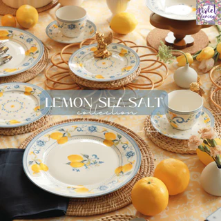 Violet Flamingo จานเซรามิครุ่น Lemon Sea Salt จานลายเลมอนสีเหลืองและฟ้า เข้าไมโครเวฟได้