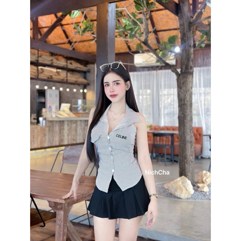 Phapassz – เซทเสื้อเชิ้ตเสื้อถักหลัง กระโปรงมีซับกางเกง งานปักหน้าอก สวยๆๆๆ Nicha