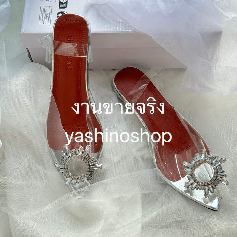 👠3035📦[ส่งของทุกวันจาก กทม.] รองเท้าส้นเตี้ยหนังแก้วประดับคริสตัล ความสูง 1 นิ้ว👠