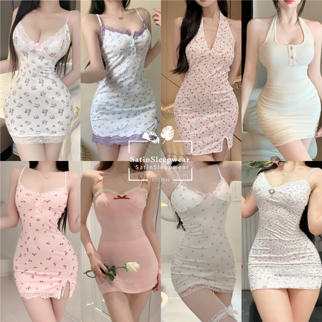 SatinSleepwear💐💐ชุดกระโปรงผู้หญิง เดรสเซ็กซี่🍂🍂ลายดอกไม้ ขอบลูกไม้ จัดส่งจากไทย 2-3 วันจัดส่ง.