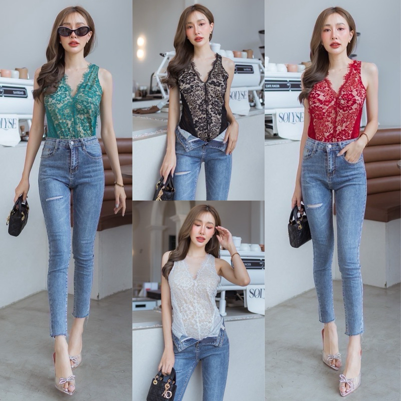 192 เสื้อกล้ามคอวีบอดี้สูทลูกไม้เนื้อนิ่มแต่งเชิง