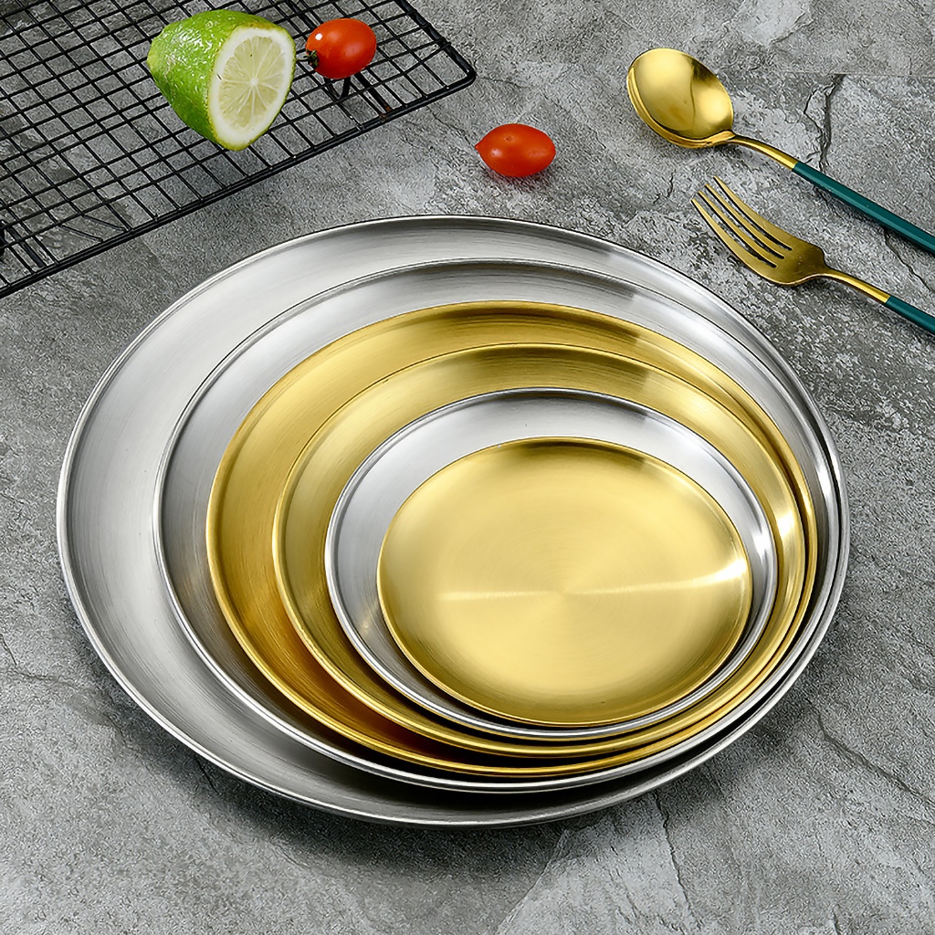 จานสไตล์เกาหลี จานสแตนเลสหนา ขนาด 14cm17cm20cm สีทองและสีเงิน จานทรงแบน ก้นตื้น - รูปที่ 7