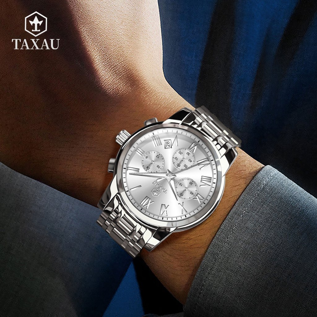 TAXAU นาฬิกาผู้ชาย 100%สายสแตนเลสกันน้ําสไตล์ธุรกิจนาฬิกาควอตซ์ที่เรียบง่ายและมีส ผู้ชายนาฬิกาข้อมือ
