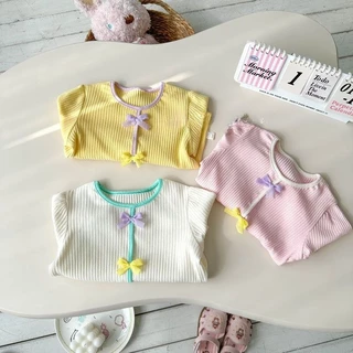 Babyonline(Y529)A1 (ส่งด่วน1วัน)เสื้อยืดแขนสั้นสำหรับเด็กผู้หญิงผ้าร่องสีพื้นแต่งโบว์ นุ่ม ลื่น ใส่สบาย