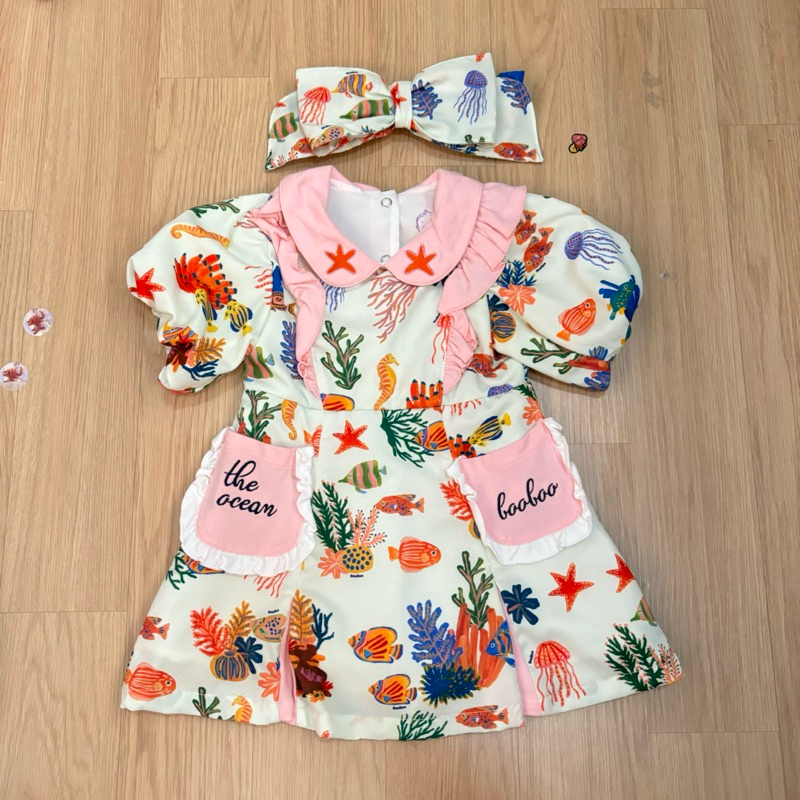 (Used like new) BooBoo Baby Brand - เดรสทะเล แขนบอลลูน + คาด 9-12 (ทรงใหญ่)
