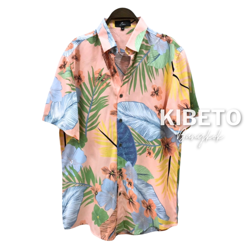 Kibeto เสื้อฮาวาย ลายชบาพาสเทล สีชมพู ผ้าสปันเรยอน เนื้อนิ่ม ใส่สบาย M L XL 2XL 3XL ราคา ถูกที่สุด ดีลบีเคเค