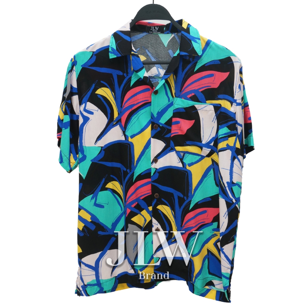 เสื้อฮาวาย ลายเส้นดอกไม้ ดำ ผ้านิ่ม M L XL Oversize คอฮาวาย JLW BRAND