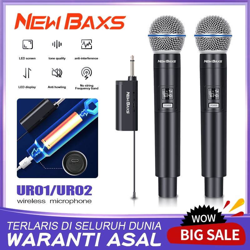 NEW BAXS UR01/UR02 ไมโครโฟนไร้สาย 2 ไมโครโฟนแบบใช้มือถือ 50M ระยะทางรับ UHF FM Cyclic ชาร์จไม่มีการรบกวน KTV