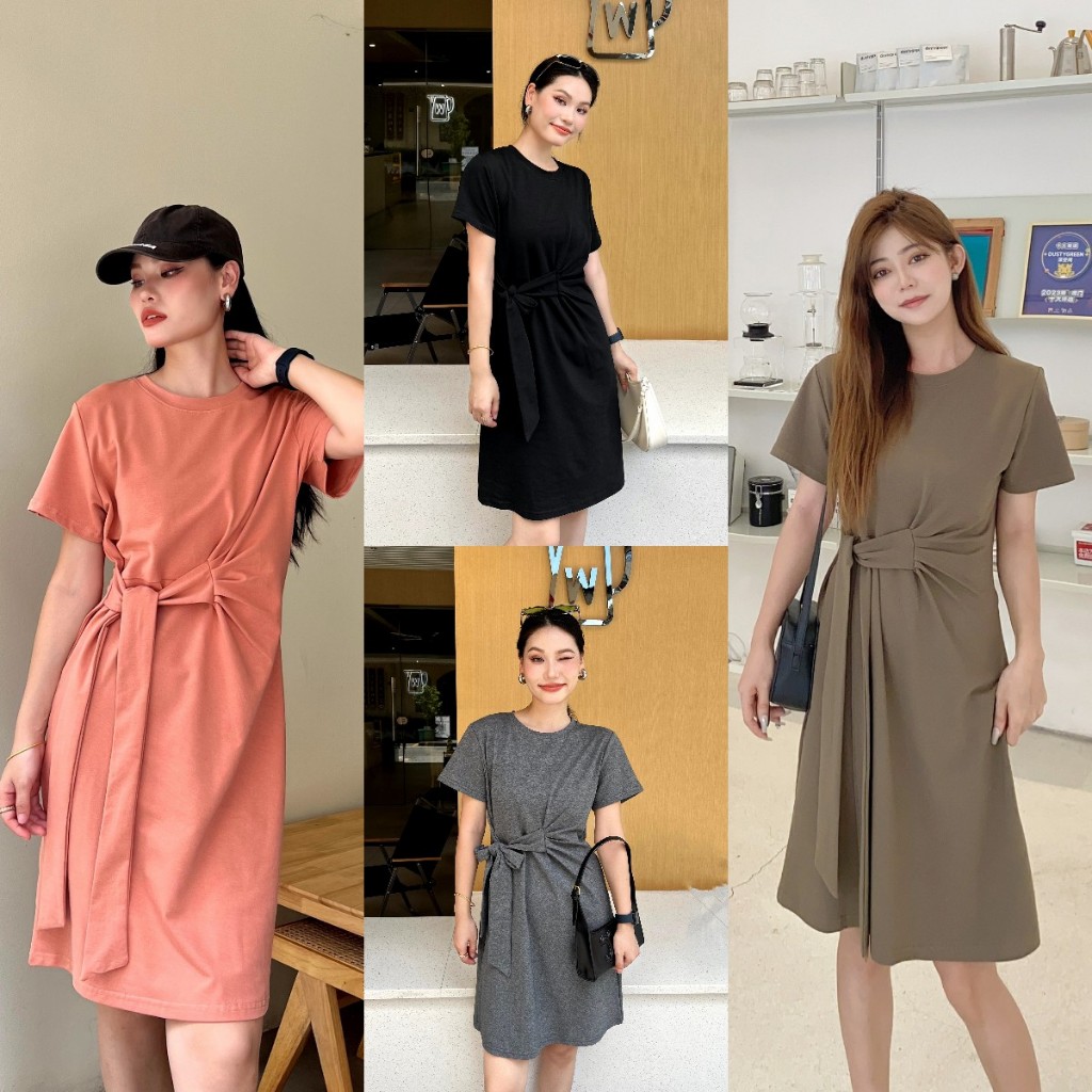 Yolanda เดรสคอกลม แขนสั้น ช่วงเอวแต่งจีบย่น Dress ผูกโบว์ ปรับสายเองได่ Clothing เดรสผู้หญิง ผ้าคอตตอน เรียบๆ HJ3340