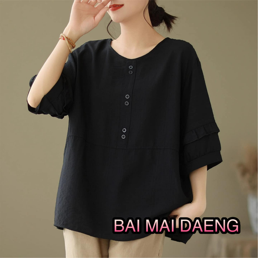 BMD0F6 เสื้อผ้าฝ้ายผสมลินินญี่ปุ่น ทรงยาว ใส่แล้วผอม แขนสามส่วน คอกลม แบบสวมอกฟรีไฃส์ 30''-46'' เรียบ หรู