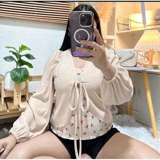 049 เสื้อสาวอวบ แต่งทูโทน ลายเชอรี่ อก 34-44