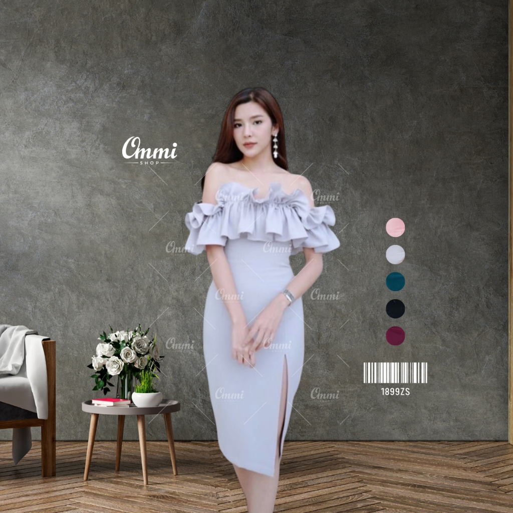 Ommishop ชุดราตรีสั้น 1899ZS ระบายปาดไหล่ เดรสสั้น เดรสออกงาน ชุดงานแต่ง เพื่อนเจ้าสาว