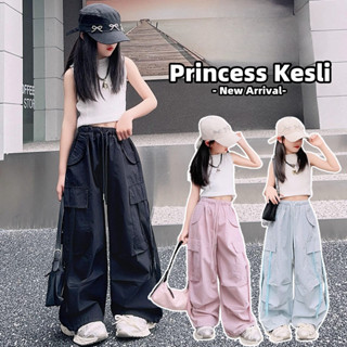 PRINCESS KESLI สไตล์เกาหลี กางเกงคาร์โก้เด็ก ขายาวกว้าง สไตล…