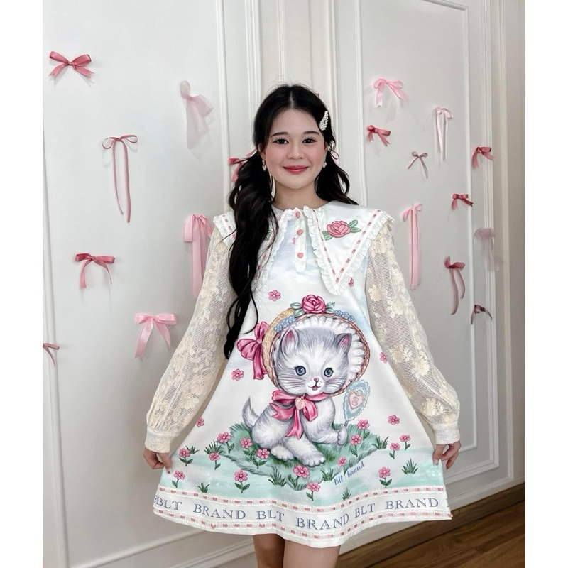BLT BRAND เดรสทรงปล่อยปักลายน้องแมว XXL มือ1
