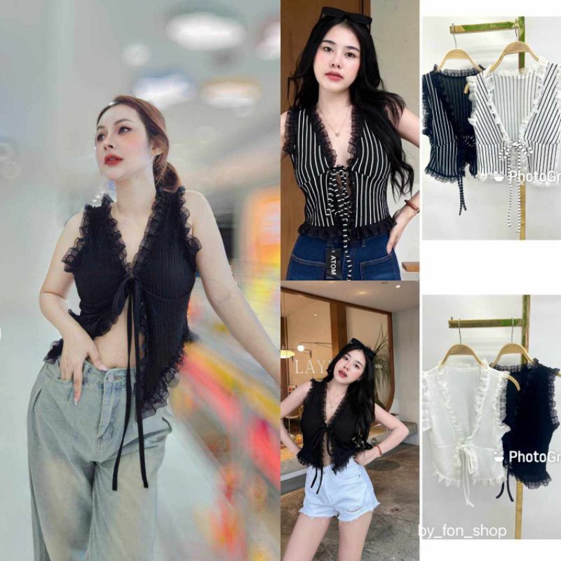 เสื้อกล้ามแต่งขอบลูกไม้ชายแหลม ผูกโบว์หน้า