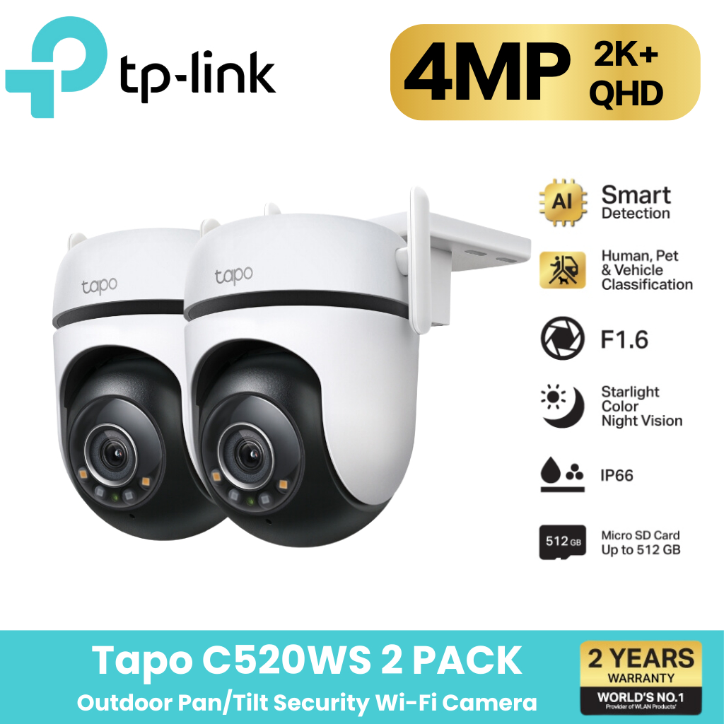 TP-Link Tapo C520WS [แพ็คคู่สุดคุ้ม] กล้องไวไฟ 4MP 2K+ QHD ใช้งานภายนอก Starlight Color Night Vision