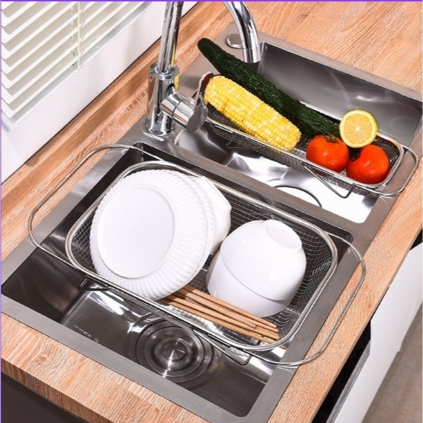 ตะแกรงแตนเลส สี่เหลี่ยม สามารถยืดหดได้ ตะกร้าพักของทอด ตะแกรงล้างผัก+ผลไม้ TG-P02