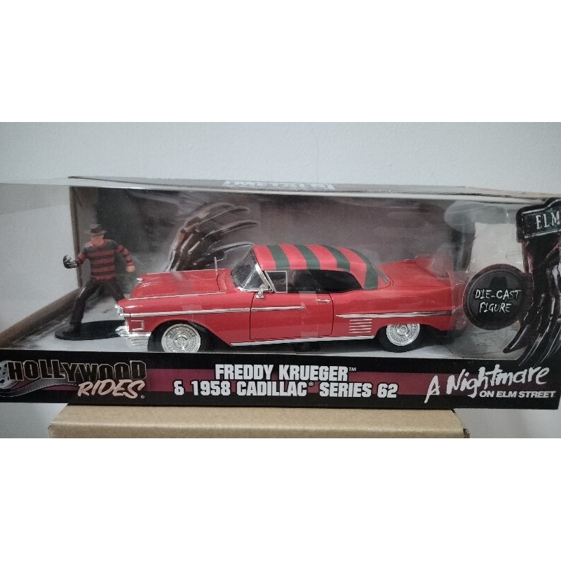 โมเดลรถเหล็กjada1:24/FREDDY KRUGER&1958 CADILLAC SERIES62 สินค้ามือ2 มีตำหนิบ้างเล็กน้อย กล่องไม่สวย