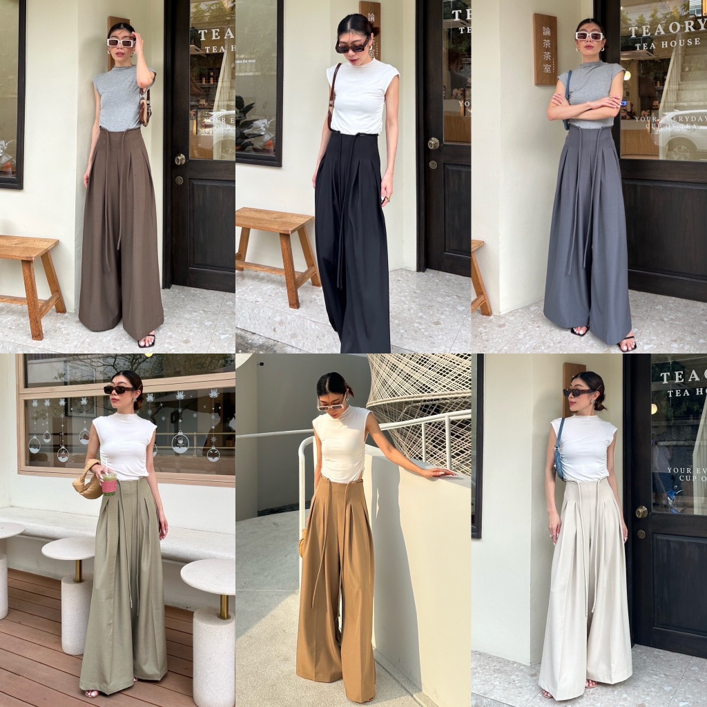 X2 #0152 กางเกงขายาวเอวสูง ขาบาน ขอบเชือก จับจีบหน้า มีซิปหลัง ใครหากางเกงดีๆใส่ ต้องตัวนี้เลย