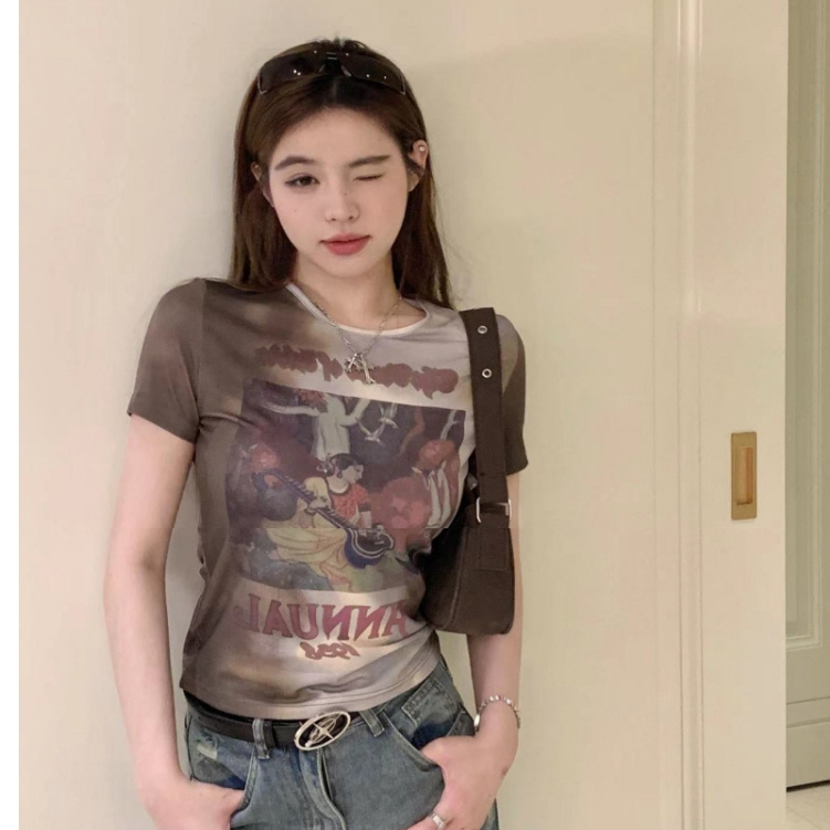 เสื้อครอป เสื้อยืดผู้หญิง สไตล์วินเทจ ผ้ายืดได้ พิมพ์ลายสวย#2244