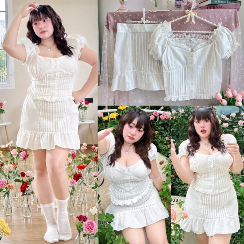 Mobi Set ชุดเซท2ชิ้น เสื้อคอเจ้าหญิงแขนตุ๊กตาแต่งจับจีบทั้งตัวทรงสวยคุณหนูสุดๆ สาวอวบไซส์ใหญ่ (มีไซส์L-Xl)