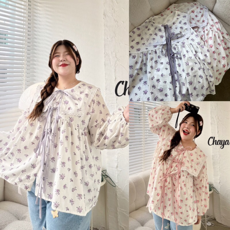 เสื้อเชิ้ตคอบัวลายดอกกุหลาบสีพาสเทลกระดุมหน้าแต่งโบว์ผูกอก แต่งจั๊มข้อมือน่ารักสุดๆ สาวอวบไซส์ใหญ่ (อก-52)