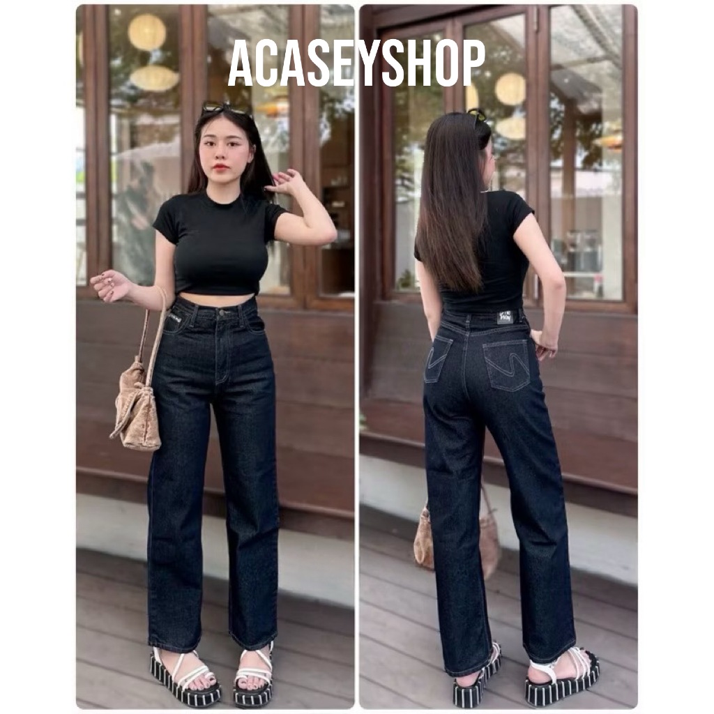 Acasey กางเกงยีนส์ผู้หญิง ขายาว ทรงกระบอก เอวสูงผ้า ไม่ยืด เนื้อผ้า แพตเทิร์นเป๊ะ สีมิดไนท์ ไซส์ S - XL
