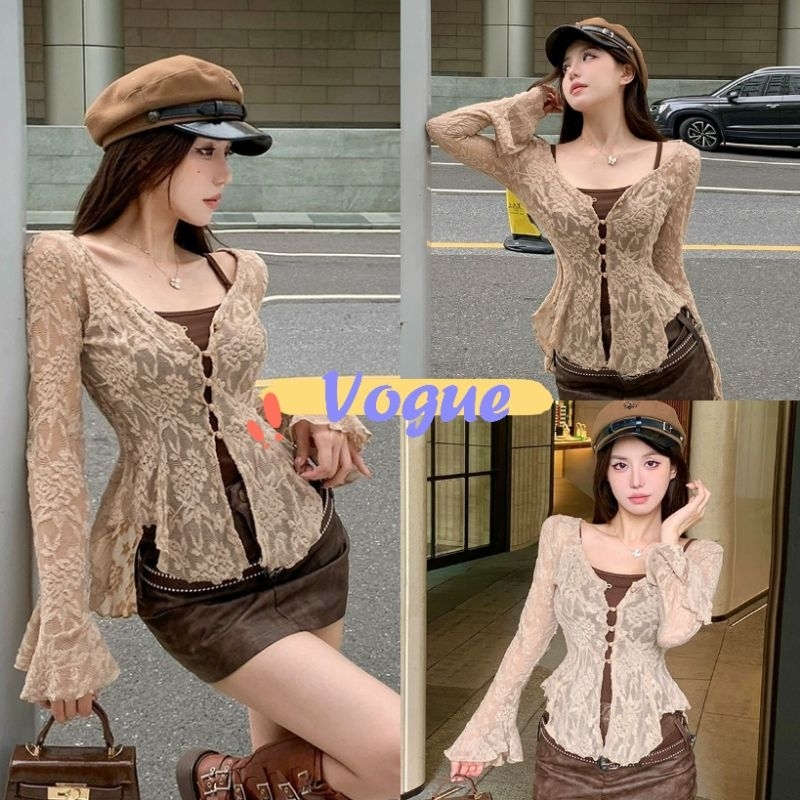 Vogue พร้อมส่ง เสื้อเซ็ท สายเดี่ยว+เสื้อคลุมไหมพรม ซีทรูลายลูกไม้ สีพื้น (M3648)