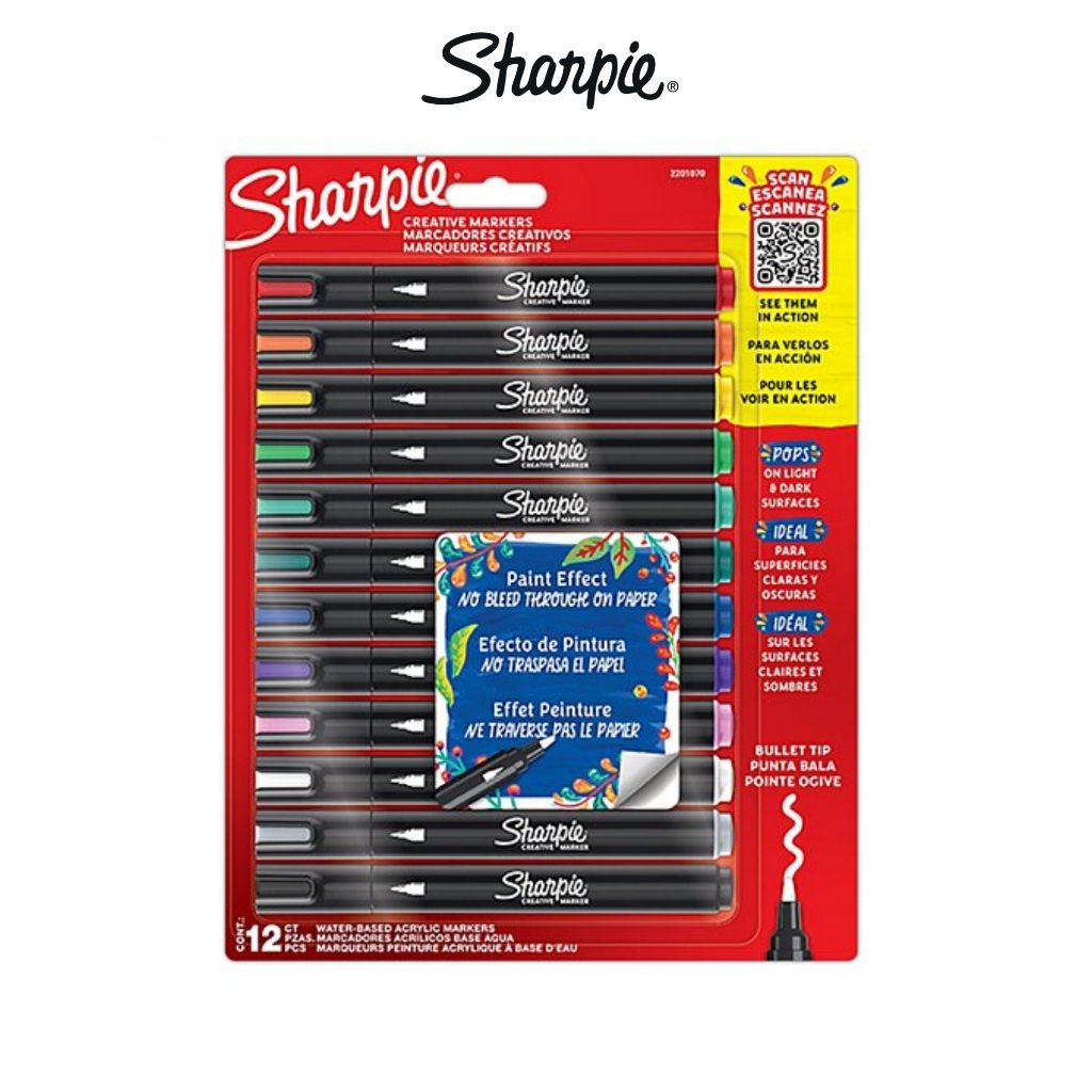 ปากกามาร์คเกอร์ Sharpie Creative Acrylic คละสี (แพ็ค 12 ด้าม)ชาร์ปี้ เขียนบน กระดาษ โลหะ ไม้ เซรามิค