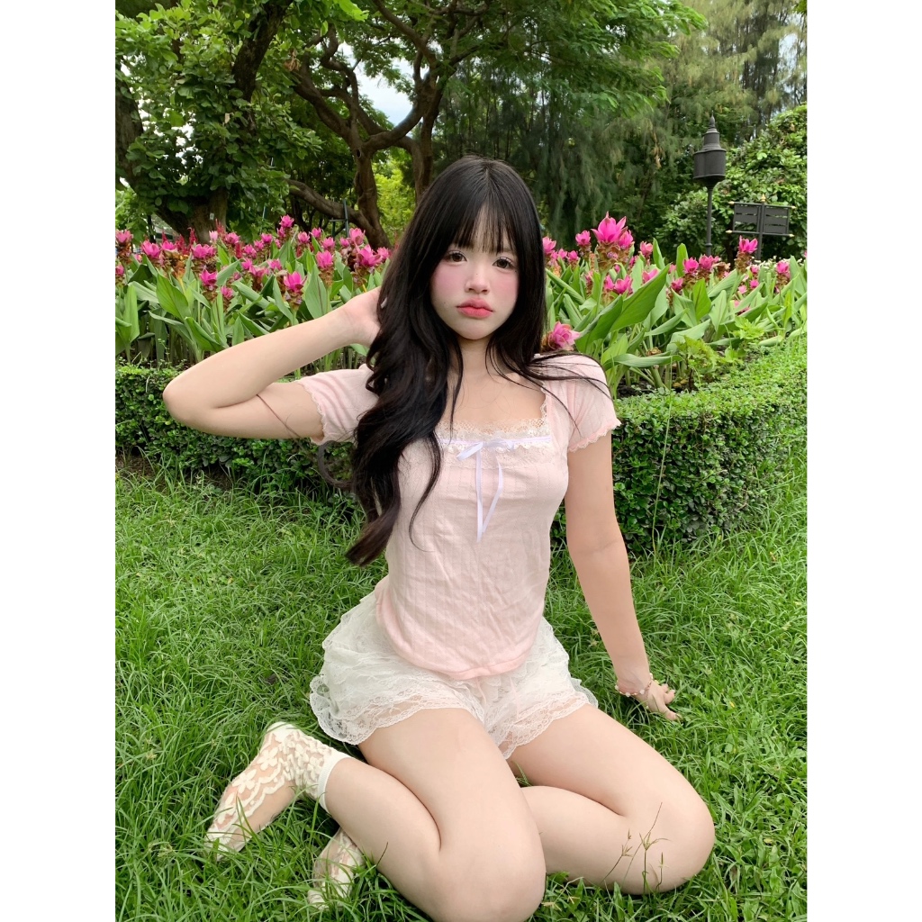 pink white ribbon princess top FF113 เสื้อยืดแขนสั้นสีชมพูแต่งลูกไม้อกและโบว์
