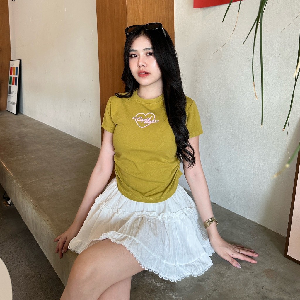 เสื้อยืดผ้ายูนิ ใส่แล้วพรางหุ่น สกรีนหัวใจน่าร้าก 🍒 ทรงสวย แต่งย่นข้าง ผ้ายืดเยอะมากใส่สบาย รุ่น จั๊มเอวCupidclub