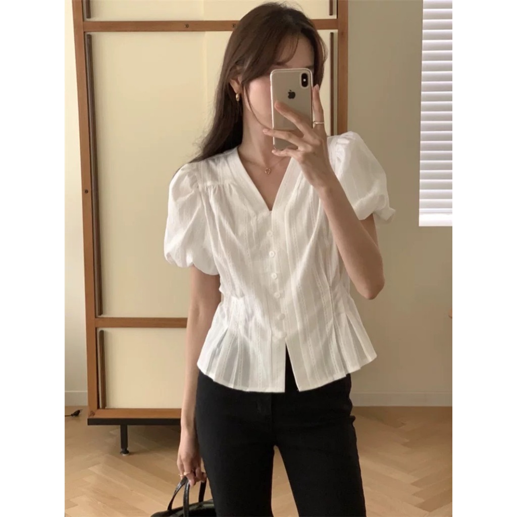 [พิมพ์โค้ด SISDEC ลด 60.- ] M1513 เสื้อสไตล์สาวเกาหลี เรียบหรู ดีเทลแน่นๆ แขนบอลลูน 2 สี ขาวดำ 270-เท่านั้น ขนาดสินค้า