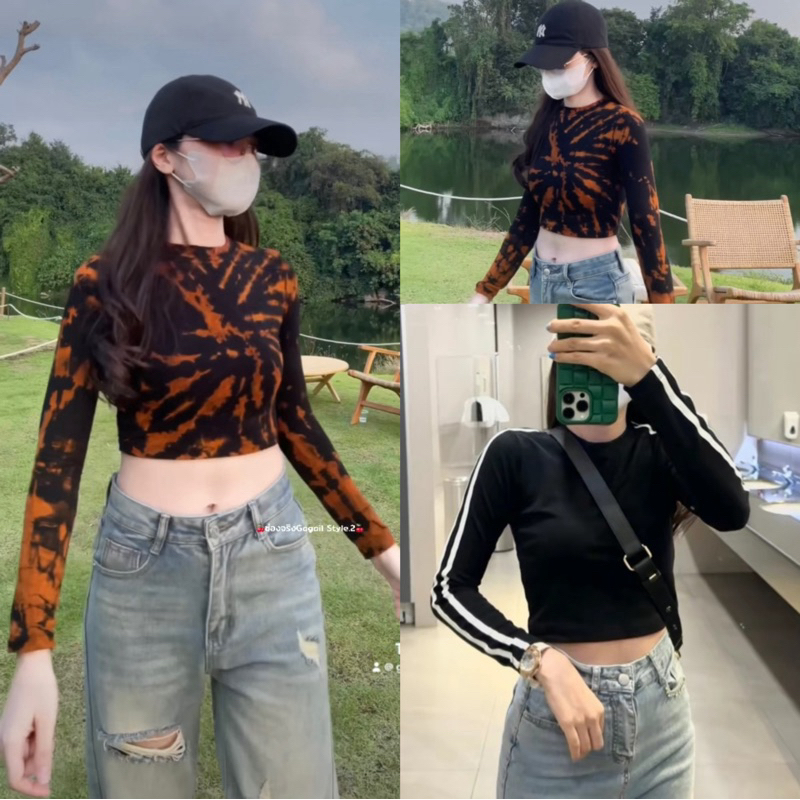 *AD* เสื้อยืดแขนยาว(แต่งแถบแขน) ผ้าคอทตอลนิ่ม กระชับพอดี