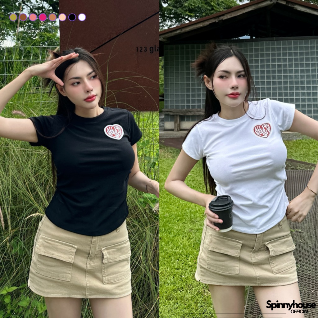 🌈SpinnyHouse🌈เสื้อยืดรัดรูปแต่งย่นข้าง สกรีนหัวใจแน่นๆ ทรงสวย 🫧 ใส่แล้วพรางหุ่นมาก สาวอวบใส่ได้ รุ่น จั๊มเอวAllyou