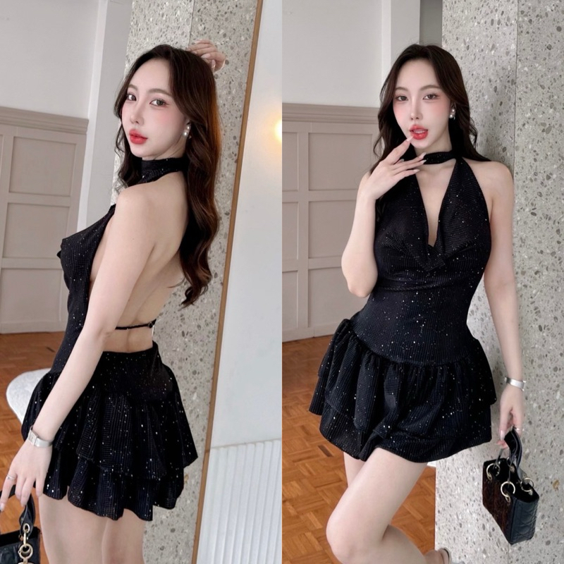 poshie 1318[Cimmy dress] มินิเดรสเนื้อผ้ากึ่งกำมะหยี่วิ้ง ปรับสายที่เอวได้