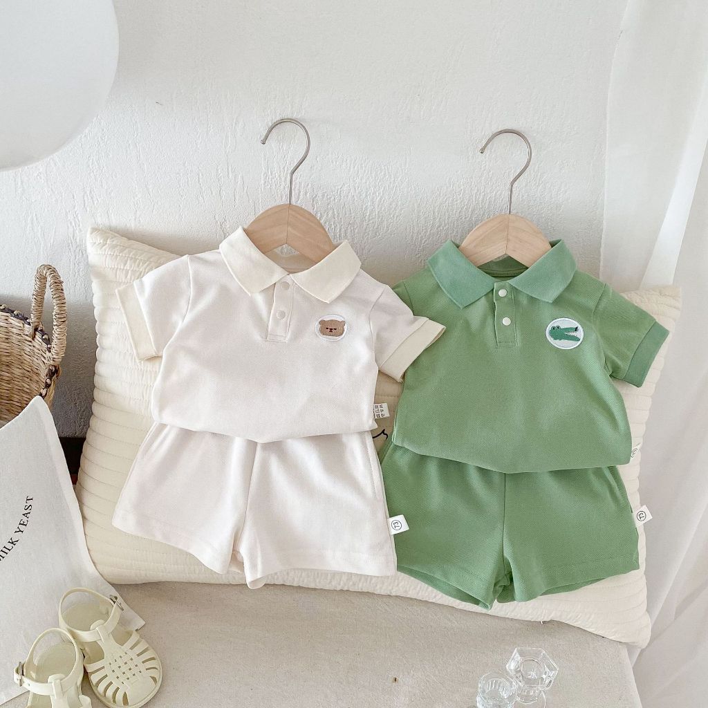 NT Baby - 077 (สินค้าพร้อมส่งจากไทย)  ชุดเซ็ตโปโล 2ชิ้น เสื้อ+กางเกง ลุคคุณหนูสุดคิ้วท์ สไตล์เกาหลี ลายมินิมอล น่ารักๆ