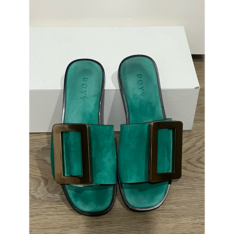 Used!! รองเท้าแตะ Boyy Size 37 รุ่นหนังกลับ สีเขียว อะไหล่ทอง