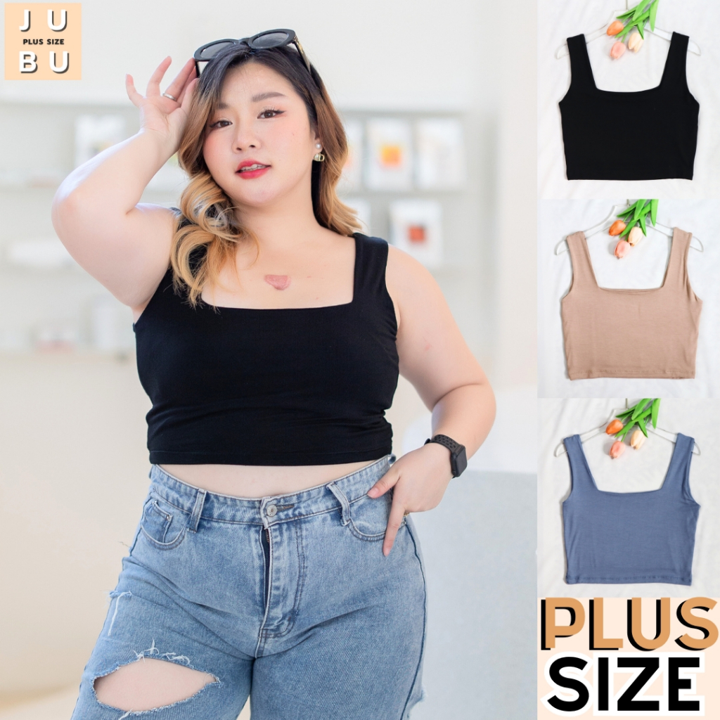 พร้อมส่ง (ไม่มีฟองน้ำ) เสื้อครอปกล้ามคอเหลี่ยม เสื้อพลัสไซส์ ผ้าเรย่อน ผ้านุ่มยืด อก36- 50 นิ้ว#479