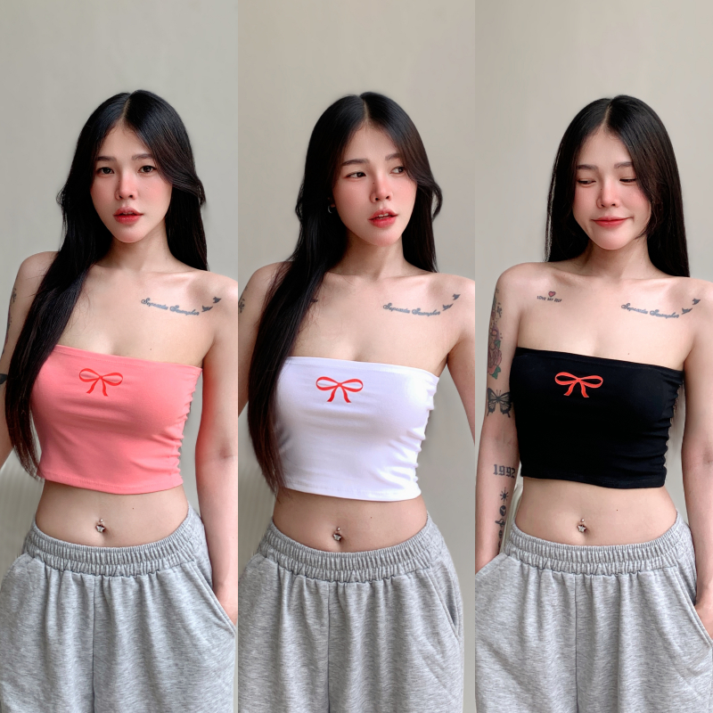 เสื้อครอปเกาะอก ผ้ายืดยูนิใส่สบาย สกรีนโบว์แดง 🍒 ทรงสวย ใส่แมตช์ง่ายทรงสวย รุ่น เกาะอกโบว์แดง
