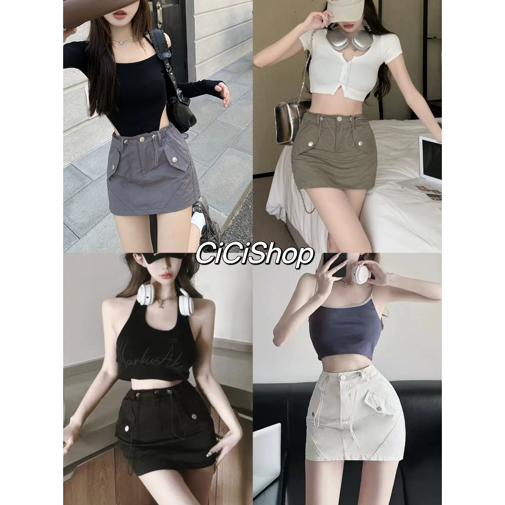 Cicishop(2332)กระโปรงสั้นทรงเอ  ดีเทลเชือกด้านหน้า เอวต่ำ สไตล์ Y2K แบบตัวแม่